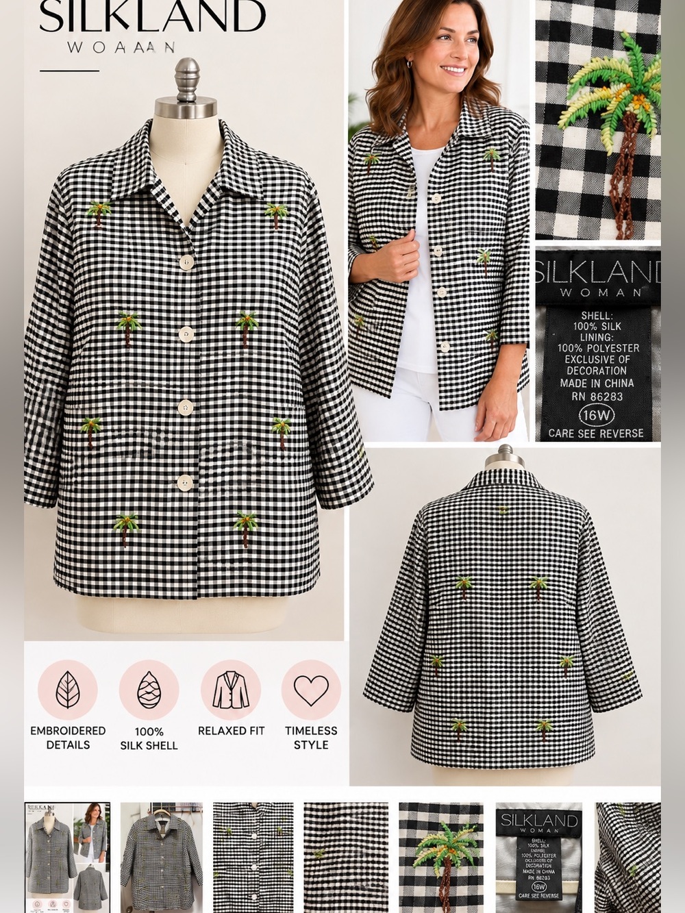 Silkland Woman’s 100% Silk Size 16W Gingham Palm Tree Embroidered Jacket